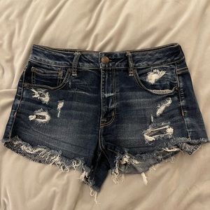 American Eagle Hi-Rise Festival distressed denim shorts Size 8 dark wash